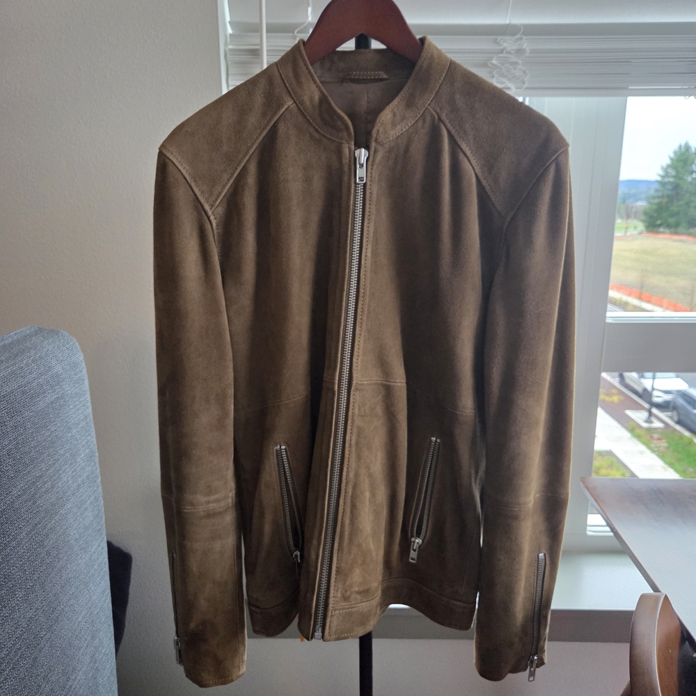 Men's Tan Suede Goat Leather Jacket with Zipper Details